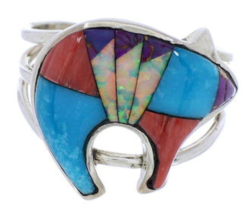 Southwest Multicolor Bear Sterling Silver Ring Size 6-3/4 CX52517